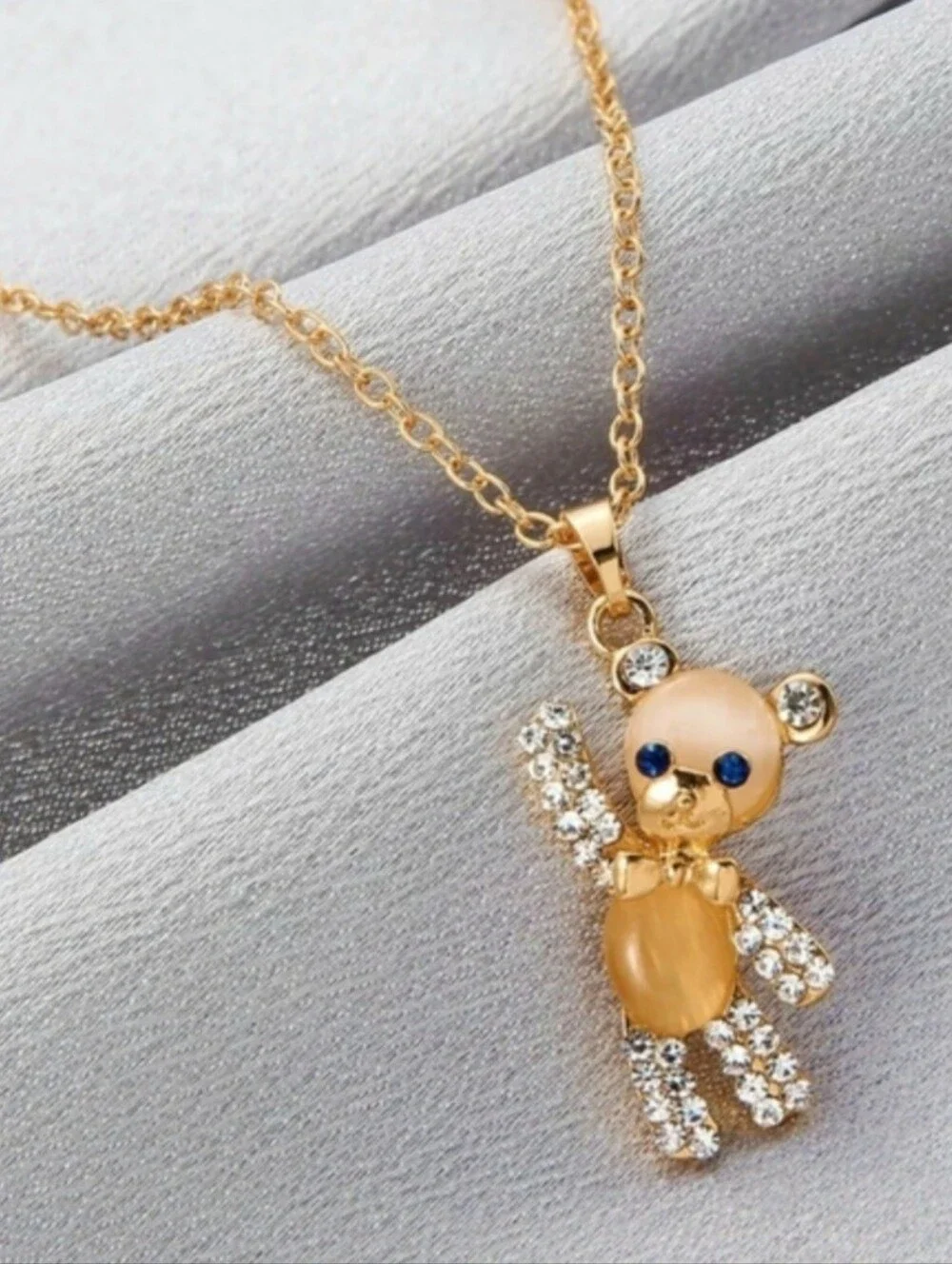 Gold Teddy Bear Cats Eye Gemstone Rhinestone Necklace Necklaces